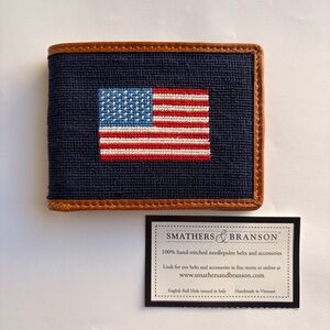 NEW SMATHERS & BRANSON NEEDLEPOINT WALLET American Flag, Brown Leather USA